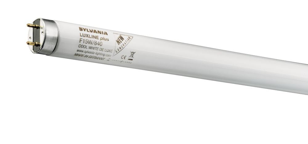 SYLVANIA T8 Leuchtstoff-Lampe, G13 Sockel, 15 Watt / 950 Lumen, Homelight (2700K), 20000h Lebensdauer, Lineare Form, 26mm Durchmesser, 450mm Länge, Weißer Kolben, dimmbar, 1er Pack