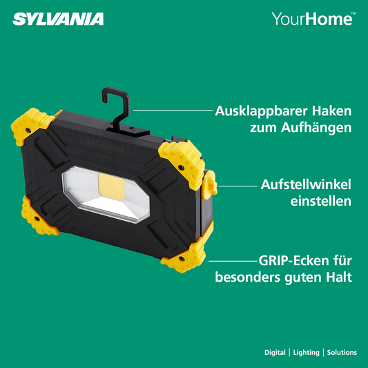 SYLVANIA LED Akku Baustrahler Faltbar | 3 Seiten Akkustrahler mit Powerbank | 2-Stufen Dimmbar 3000 Lumen | IP54 Outdoor Aufladbar für Camping, Baustelle, Garten