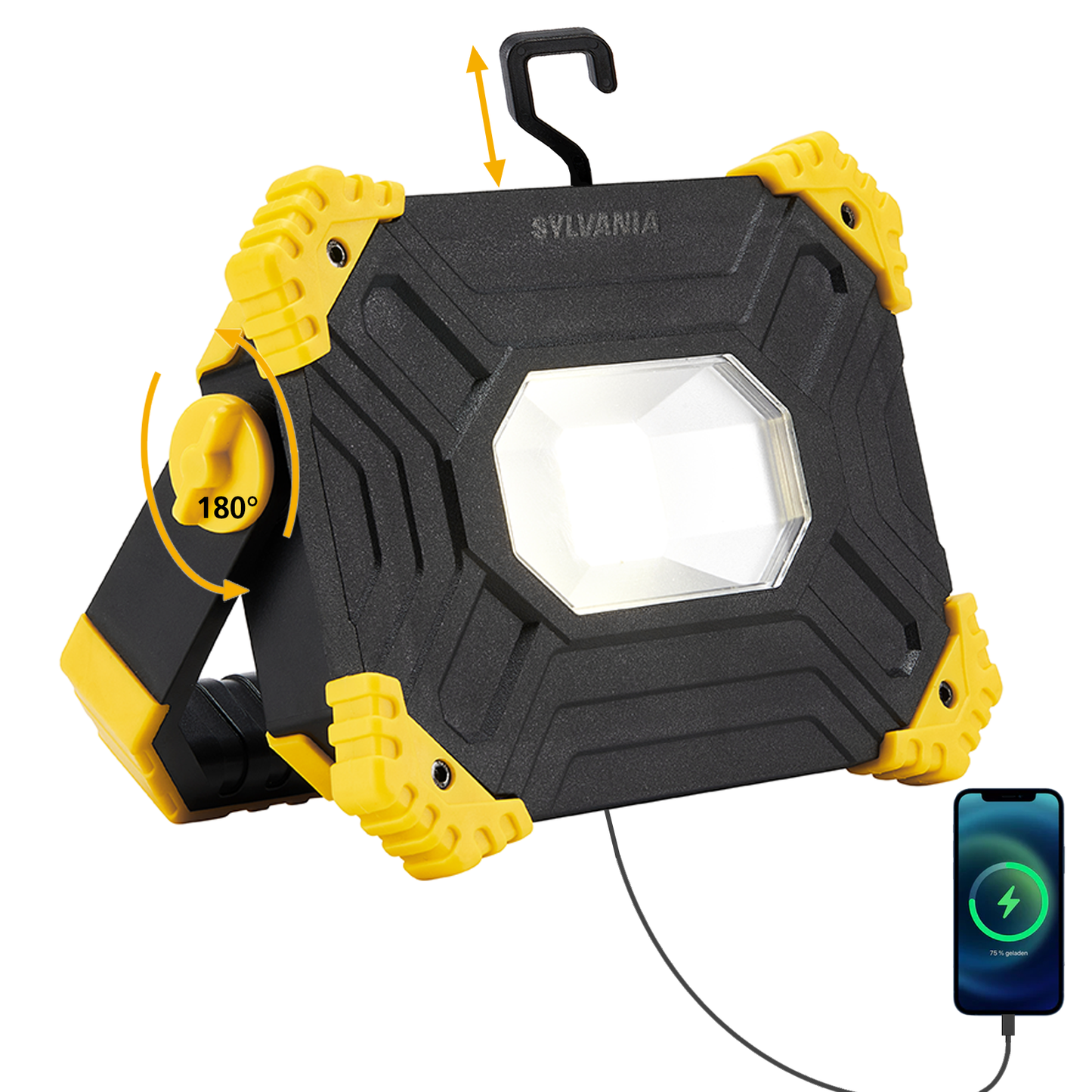 SYLVANIA LED Akku Baustrahler Faltbar | 3 Seiten Akkustrahler mit Powerbank | 2-Stufen Dimmbar 3000 Lumen | IP54 Outdoor Aufladbar für Camping, Baustelle, Garten