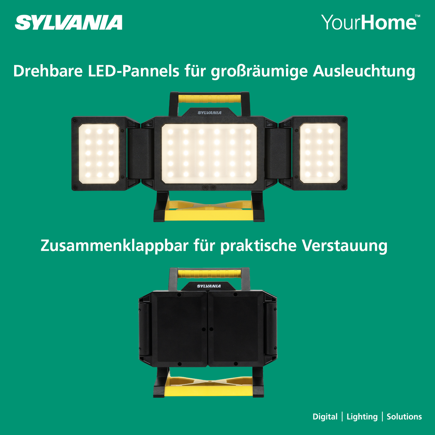 SYLVANIA LED Akku Baustrahler Faltbar | 3 Seiten Akkustrahler mit Powerbank | 2-Stufen Dimmbar 3000 Lumen | IP54 Outdoor Aufladbar für Camping, Baustelle, Garten