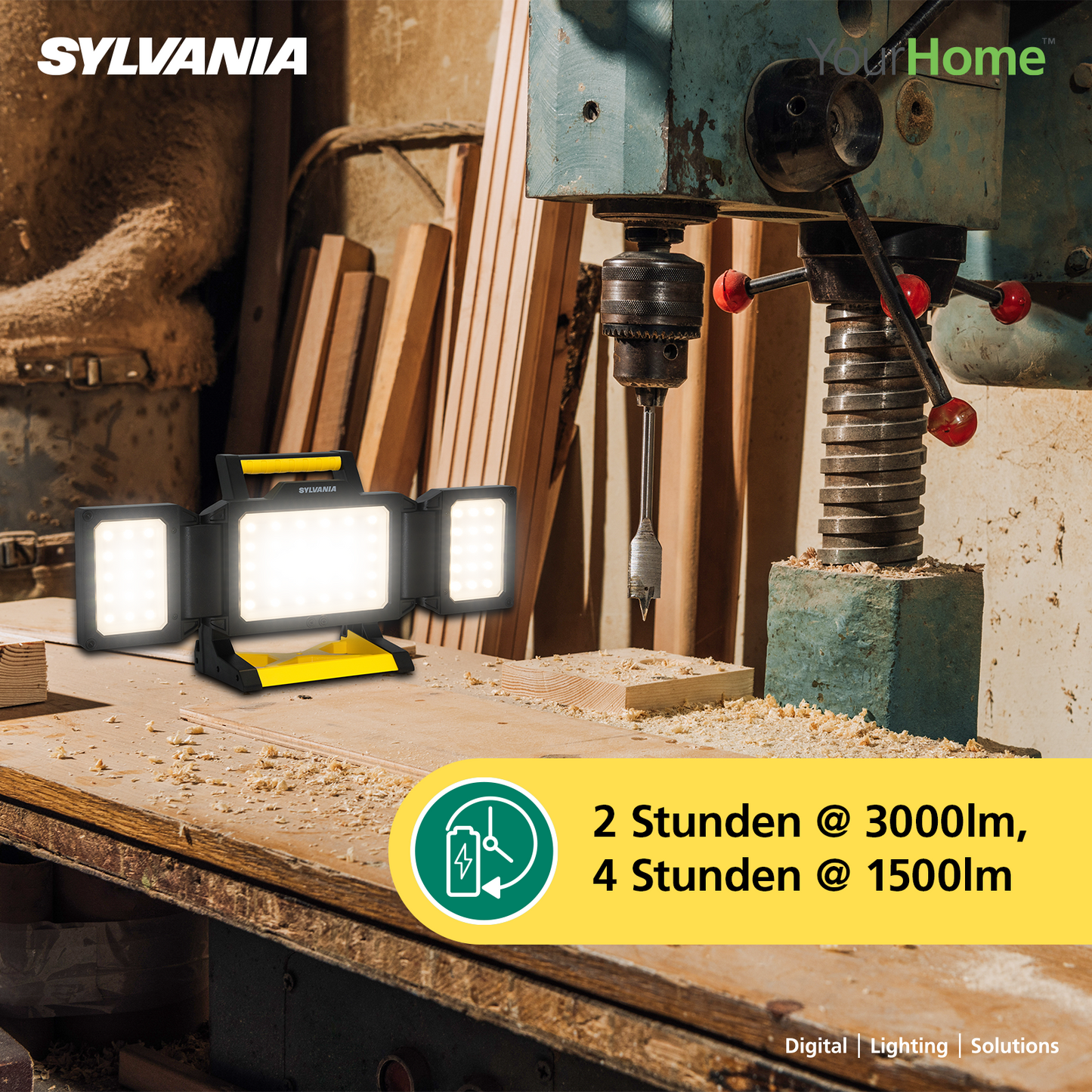 SYLVANIA LED Akku Baustrahler Faltbar | 3 Seiten Akkustrahler mit Powerbank | 2-Stufen Dimmbar 3000 Lumen | IP54 Outdoor Aufladbar für Camping, Baustelle, Garten