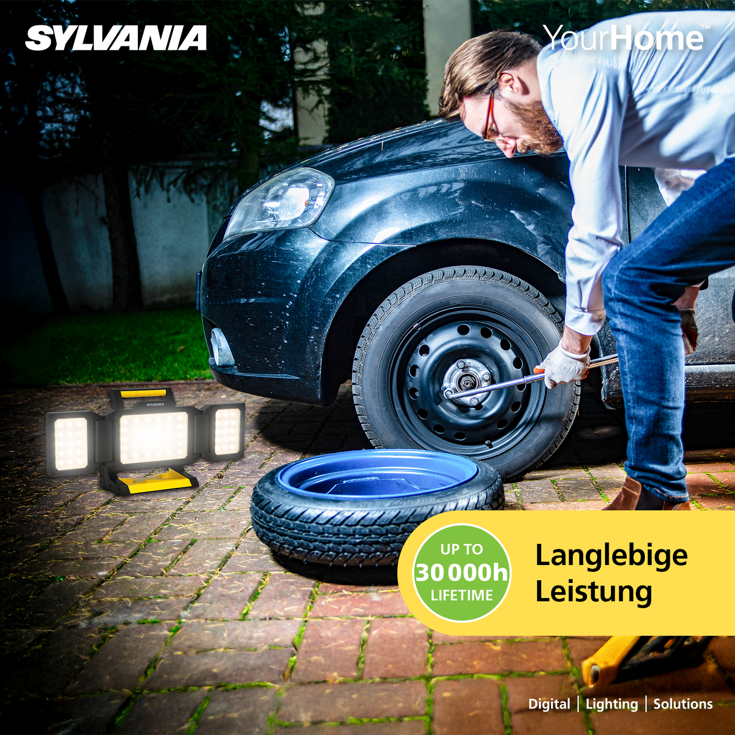 SYLVANIA LED Akku Baustrahler Faltbar | 3 Seiten Akkustrahler mit Powerbank | 2-Stufen Dimmbar 3000 Lumen | IP54 Outdoor Aufladbar für Camping, Baustelle, Garten