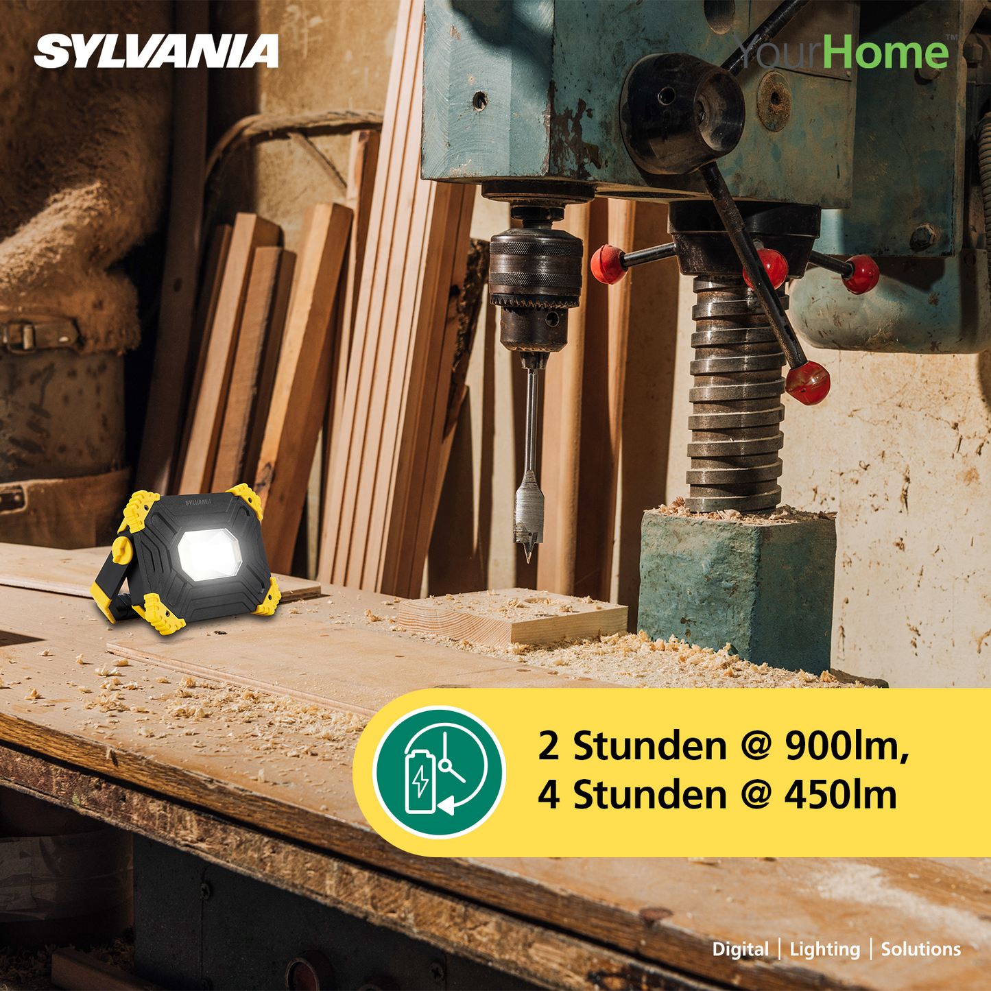 SYLVANIA LED Akku Baustrahler Faltbar | 3 Seiten Akkustrahler mit Powerbank | 2-Stufen Dimmbar 3000 Lumen | IP54 Outdoor Aufladbar für Camping, Baustelle, Garten