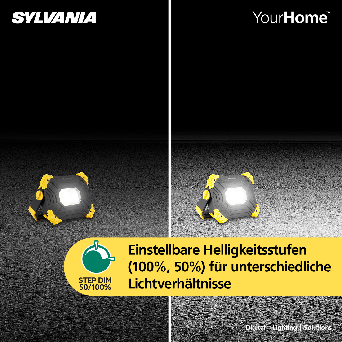 SYLVANIA LED Akku Baustrahler Faltbar | 3 Seiten Akkustrahler mit Powerbank | 2-Stufen Dimmbar 3000 Lumen | IP54 Outdoor Aufladbar für Camping, Baustelle, Garten