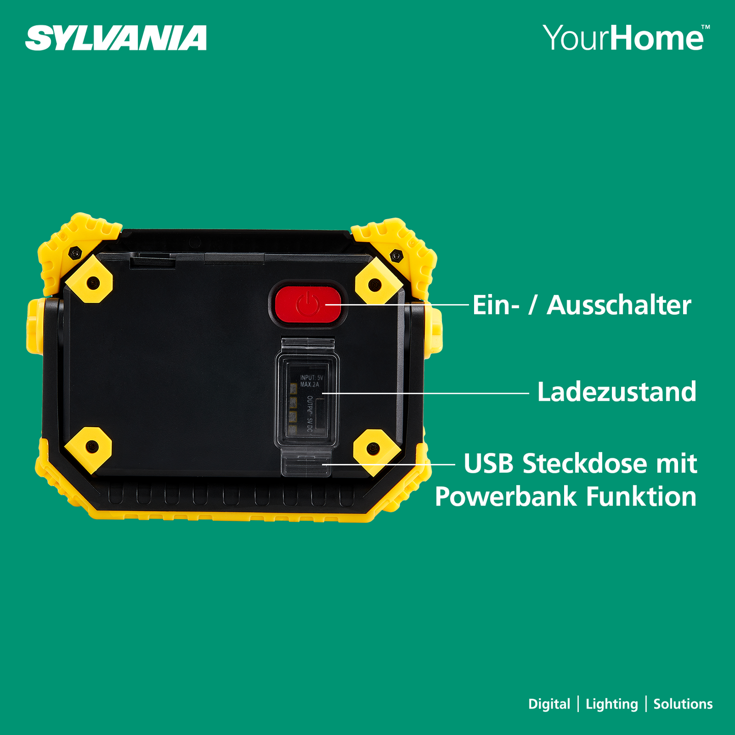 SYLVANIA LED Akku Baustrahler Faltbar | 3 Seiten Akkustrahler mit Powerbank | 2-Stufen Dimmbar 3000 Lumen | IP54 Outdoor Aufladbar für Camping, Baustelle, Garten