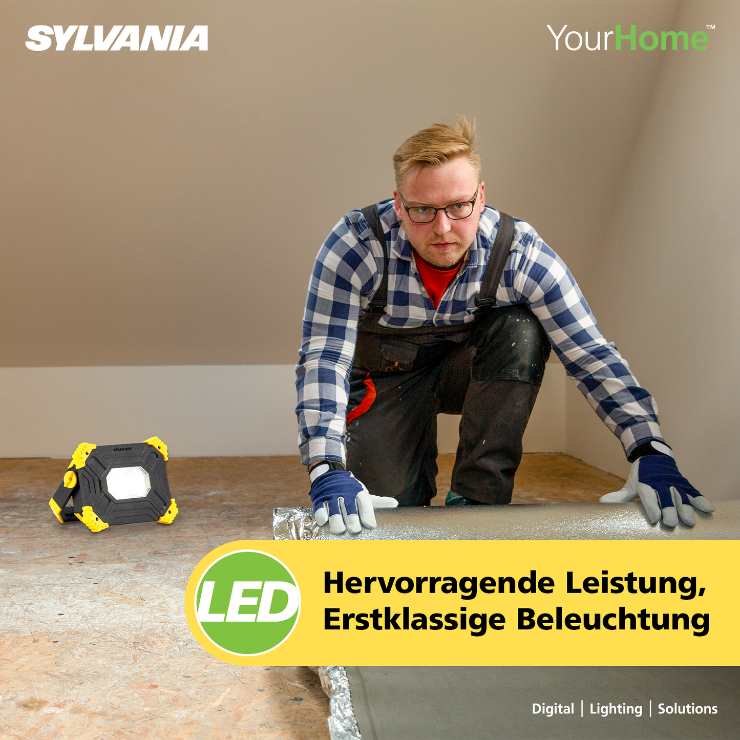 SYLVANIA LED Akku Baustrahler Faltbar | 3 Seiten Akkustrahler mit Powerbank | 2-Stufen Dimmbar 3000 Lumen | IP54 Outdoor Aufladbar für Camping, Baustelle, Garten
